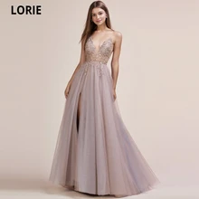 LORIE Vestidos De Noche De tul con corte en A, sexys, con abertura lateral, transparentes con cristales, con cuello en V, para Fiesta De graduación, 2021