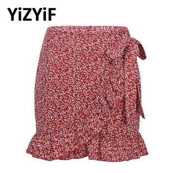 

Women Casual Vintage Zipper High Waist Lace-Up Wrap Ruffle Miniskirt Fashion Summer Ladies Floral Printed Falbala Skirts