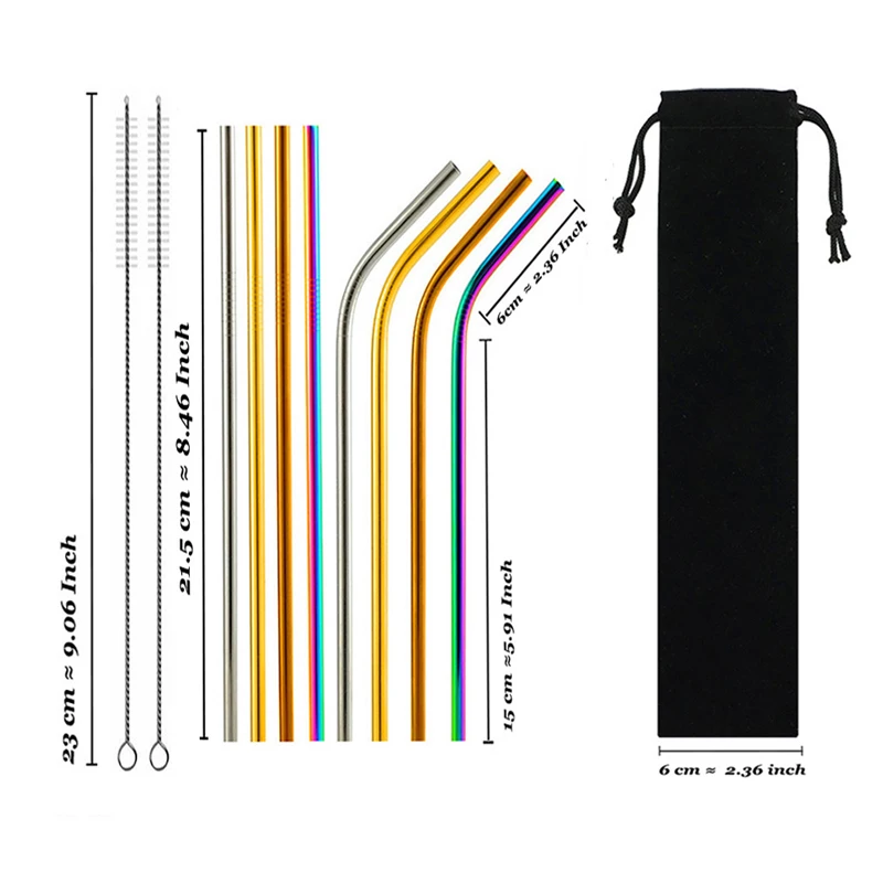 

8 Pcs / Set Colorful Reusable Metal Drinking Straws Set 304 Stainless Steel Sturdy Bent Straight Drinks Straw Drop Shipping