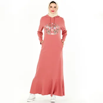 

Pink Floral Embroidery Hoodie Dress Ladies Fashion Sweatdress Autumn Winter 2019 Sweet Ruffle Long Sleeve Hooded Sweater Dress