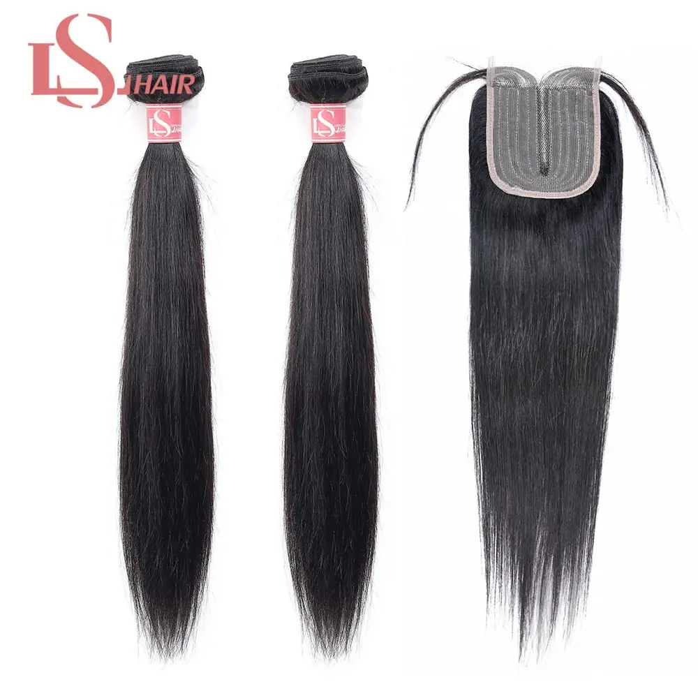 

LS HAIR Straight Hair Bundles With Frontal Remy Human Hair Bundles With Closure Brazilian Hair Weave 2 Bundles With Tpart Lace