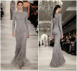 2018 Muslims high Long Sleeve Runway Grey Lace Evening Women Floor Length Formal party Gown beaded mother of the bride dresses