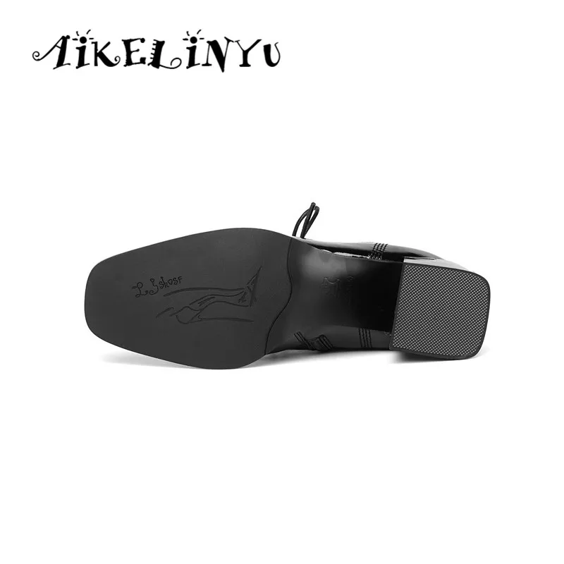 Aikelinyu/брендовая дизайнерская женская обувь; сезон осень-зима; ботильоны на высоком каблуке; женская обувь из лакированной кожи со шнуровкой на массивном каблуке