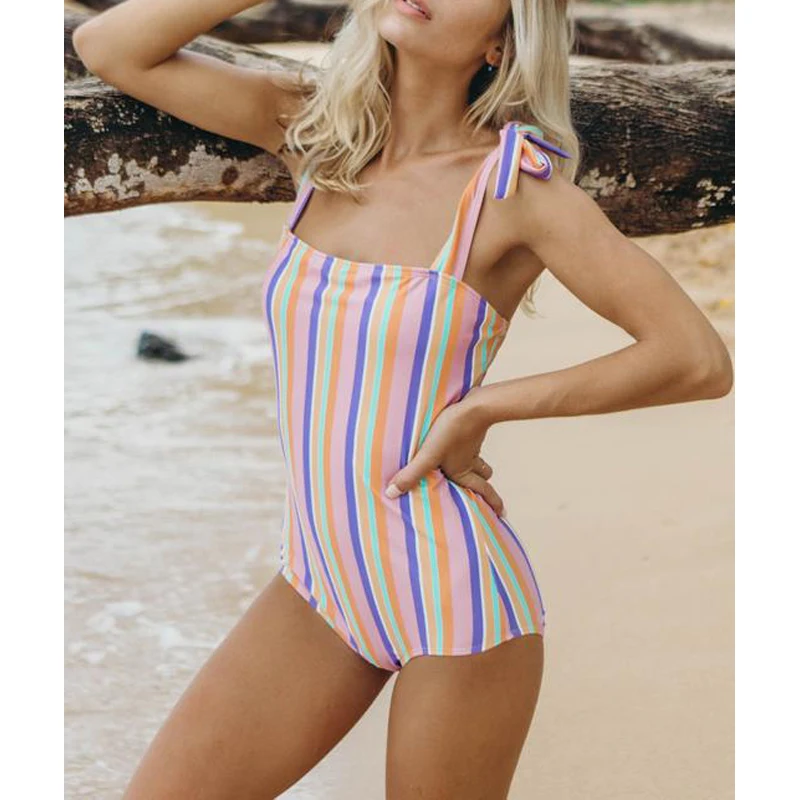 

2020 New Sexy One Piece Swimsuit Bandeau Swimwear Women Tie Strap Beach Wear Strappy Monokini Backless Print Bathing Suit