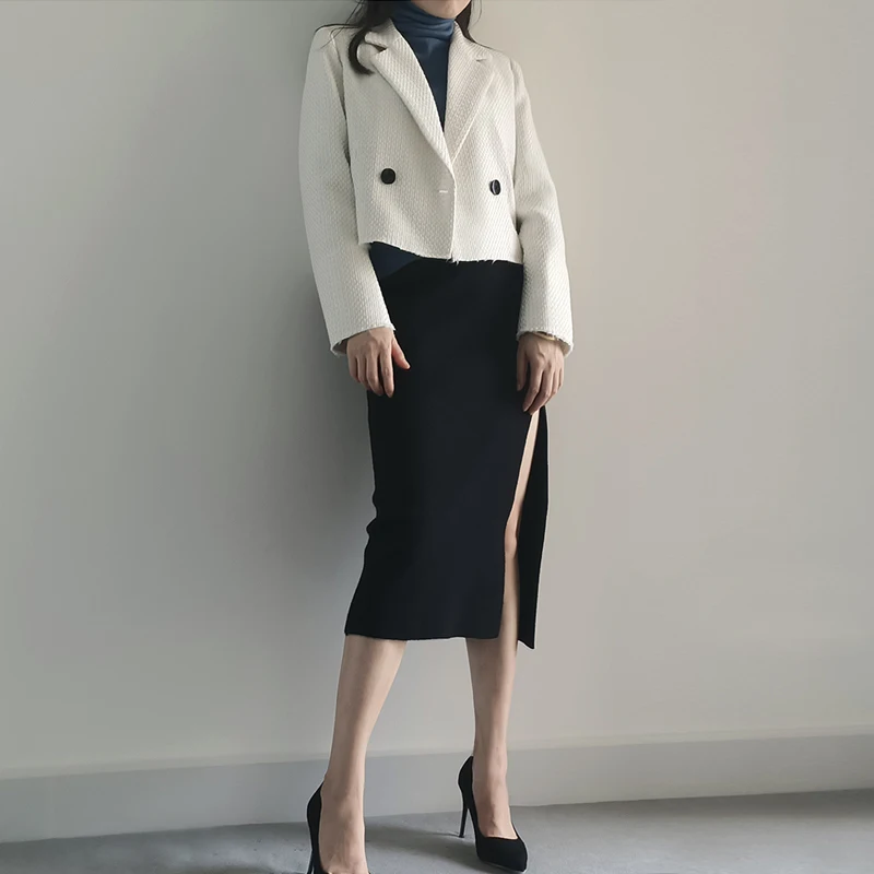 НОВАЯ Трикотажная Юбка До Колена эластичная талия прямая весенне-осенняя юбка с высоким разрезом сексуальная женская черно-зеленая