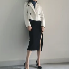 НОВАЯ Трикотажная Юбка До Колена эластичная талия прямая весенне-осенняя юбка с высоким разрезом сексуальная женская черно-зеленая