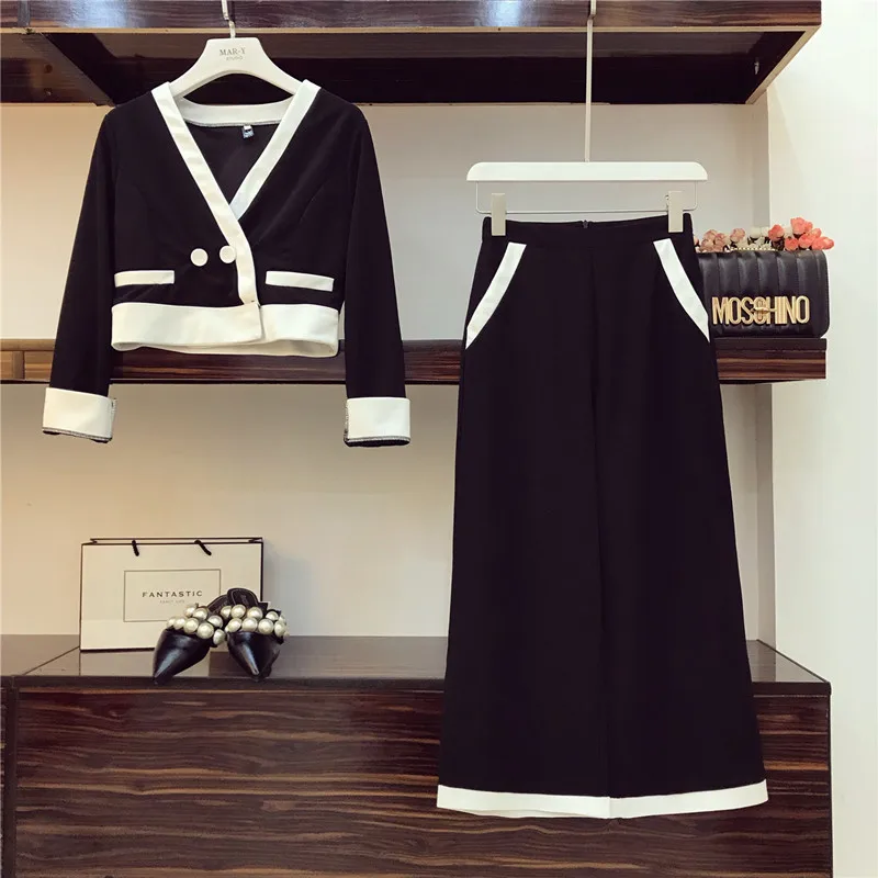 

Elegant V Neck Long-sleeved Loose Knitted Sweater Crop Top+Wide-leg Ankle-length Pants 2019 Women's Spring Casual Knitting Suits
