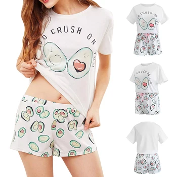 

Summer Avocado Cartoon Pajama Set Print Short Sleeve T shirt and Shorts Sleeping Set Woman Casual Homewear Set Shorts Pajama Set