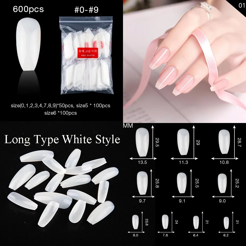 long white 600pcs 600 шт, белые прозрачные французские накладные ногти, балерины, круглые ногти, накладные ногти для УФ-лампы, светодиодный гель для маникюра, накладные акриловые накладные ногти - Цвет: long white 600pcs