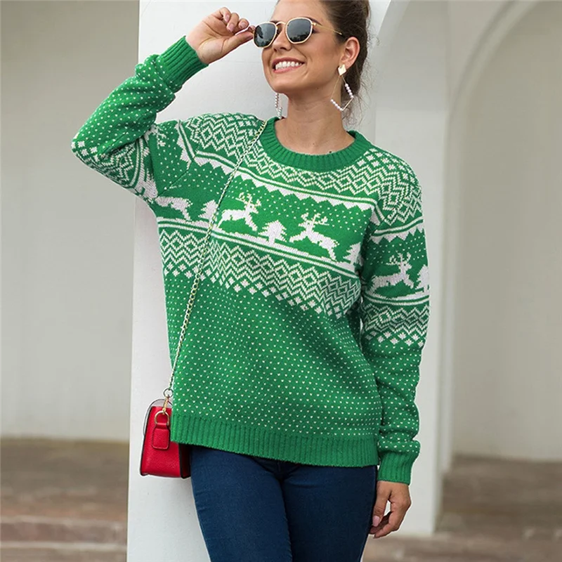 Забавный женский Рождественский свитер, Женский Рождественский свитер с длинным рукавом и круглым вырезом, вязаный пуловер, топы, осенняя зимняя одежда для женщин