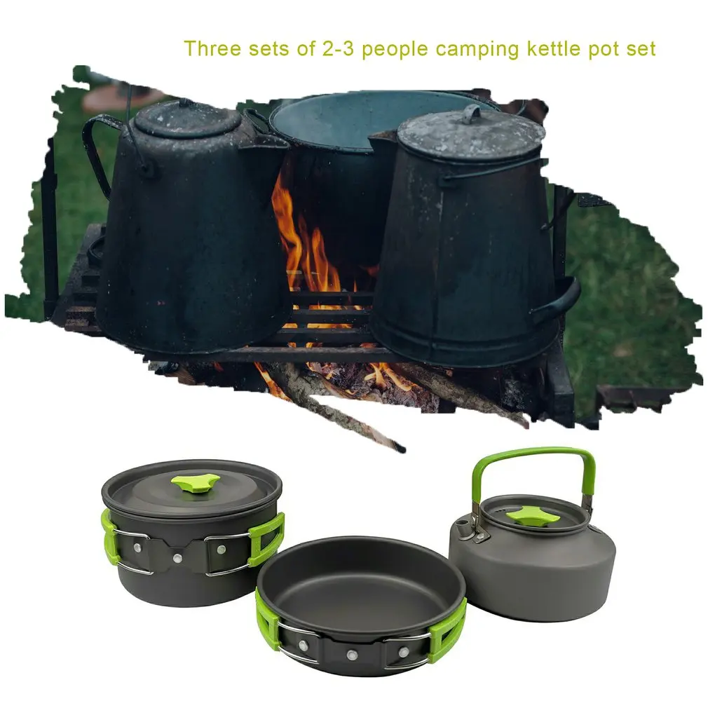 

2020Ultra-light Aluminum Alloy Camping Cookware Utensils Outdoor Cooking Teapot Picnic Tableware Kettle Pot Frying Pan 3pcs/Set