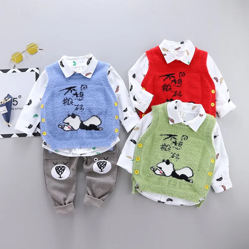 

Childrenswear 2020 Spring And Autumn Infants Don't Want Moving Bricks Sweater Imitation Mink Waistcoat Feather Shirt Three-piece