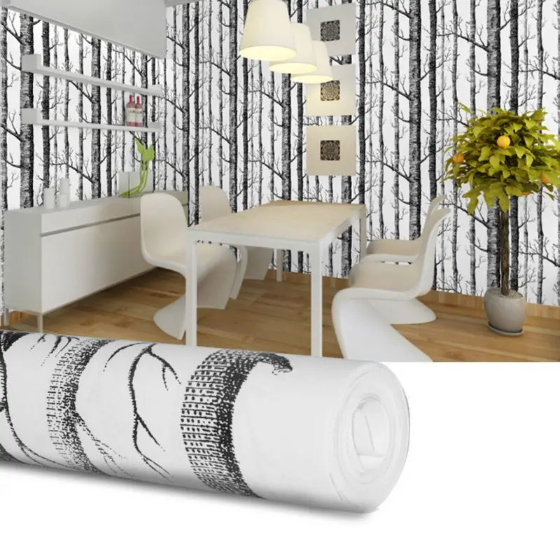 

Black White Birch Tree Wallpaper Modern Design Roll Pearly Rustic Forest Woods Bedroom Living Room Wall Paper Home Decoration