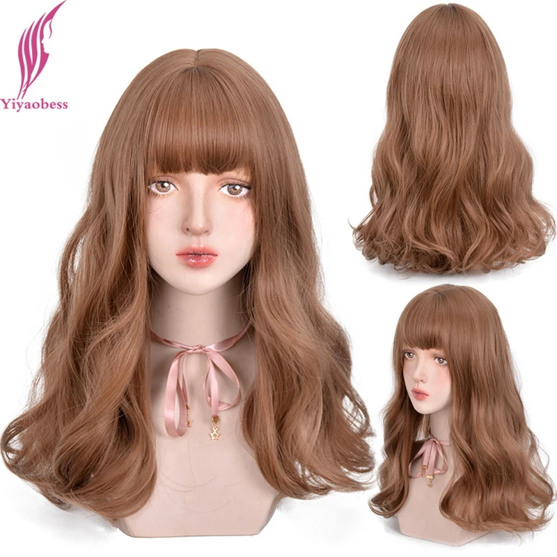 Yiyaobess 22inch Long Wavy Wig With Bangs Synthetic Natural Hair Brown African American Cosplay Wigs For Women Pelucas Naturales | Шиньоны и