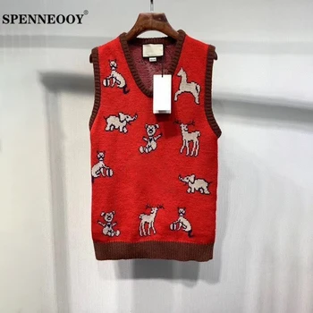

SPENNEOOY Designer Custom Runway Summer Women Sleeveless Knitting Tank Tops Ladies Red Animal Knit V-Neck Streetwear Vest Tops