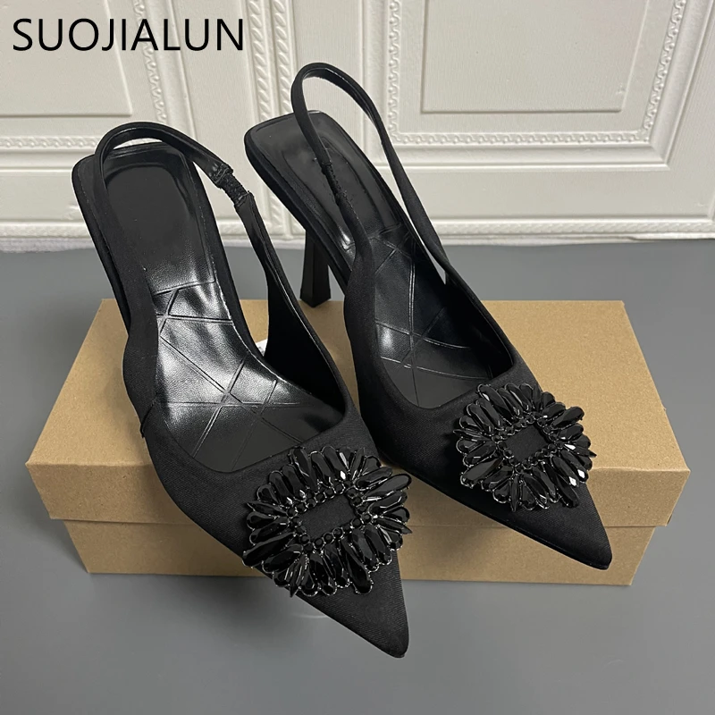 SUOJIALUN New Spring Fashion Crystal Buckle Sandals Women Thick High Heels Pointed Toe Slingback Shoes Elegant Slip On Mule