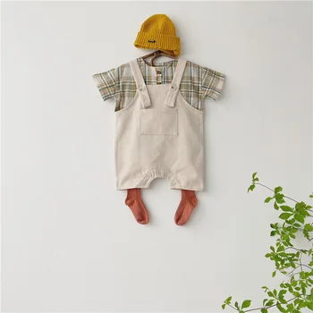 

2020 summer baby set plaid t-shirt +overall shorts clothing set cute baby boys clothes