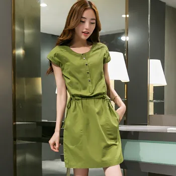

2019 Women Fashion Casual Summer Dress Elegant Solid O-Neck Short Sleeve Knee-Length