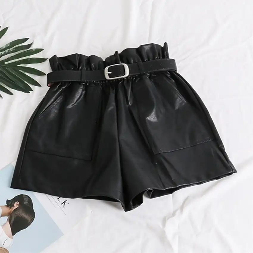 elastic waist leather shorts