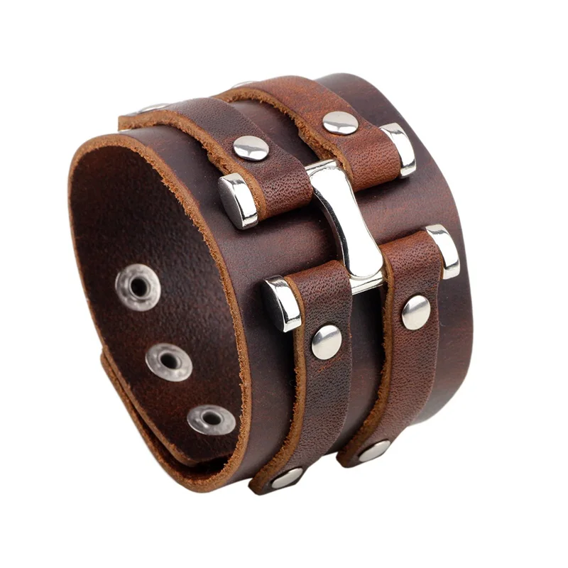 Heavy Metal Black Brown Men Leather Bracelet Rock Statement Skull Bracelets Bangles Gothic Style Personality Charm Jewelry