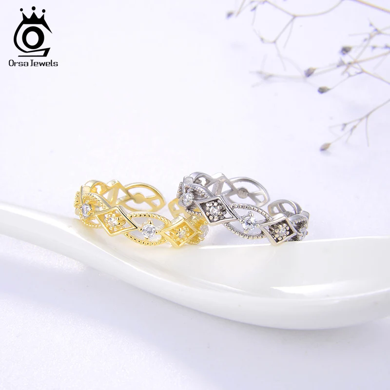 ORSA JEWELS 925 пробы цветок кристалл геометрические открытые кольца с АААА циркон палец кольца Тонкий ювелирный свадебный подарок OSR151