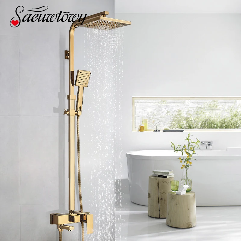 Golden Shower Bracket Faucet Rain Brass 8" Shower Faucet Bathtub Tap Bathroom Brass Hand 360 Rotatble Spout bathroom faucet,bathroom shower faucet set,thermostatic mixing valve