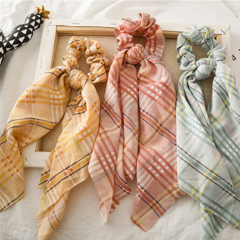 

plaid Print hair ties for girls Silk Elastic Hair Band For Women Hair Ponytail Scarf Bows Rubber Ropes Girls Hair scrunchie