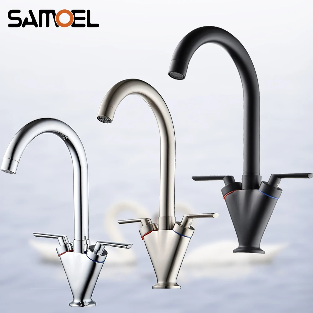 

Economic Brass Black Dual Handle kitchen faucet Mixer Deck-mount Single-hole Chrome Sink Cold Hot Water Taps B3392