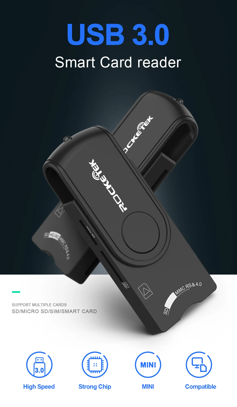 Rocketek USB 3,0 2,0 мульти смарт-кард-ридер SD/TF micro SD память, ID, банковская карта, sim cloner разъем адаптер ПК компьютер