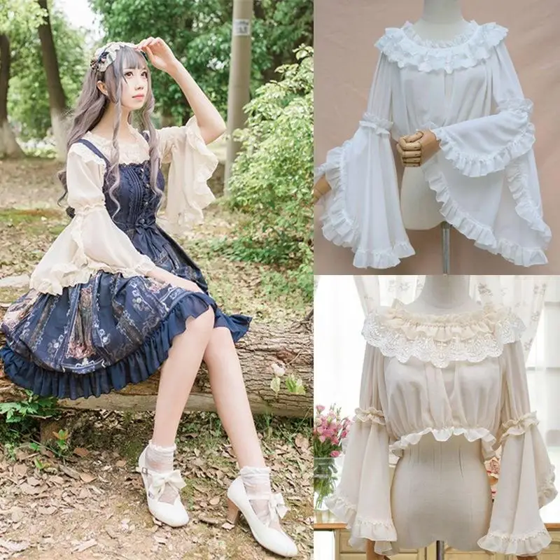 Women Flounce Sleeve Elegant Undershirt Top Blouse Puff Sleeves Sweet Lolita Shirt Inner Tops For Girl Sweet Party