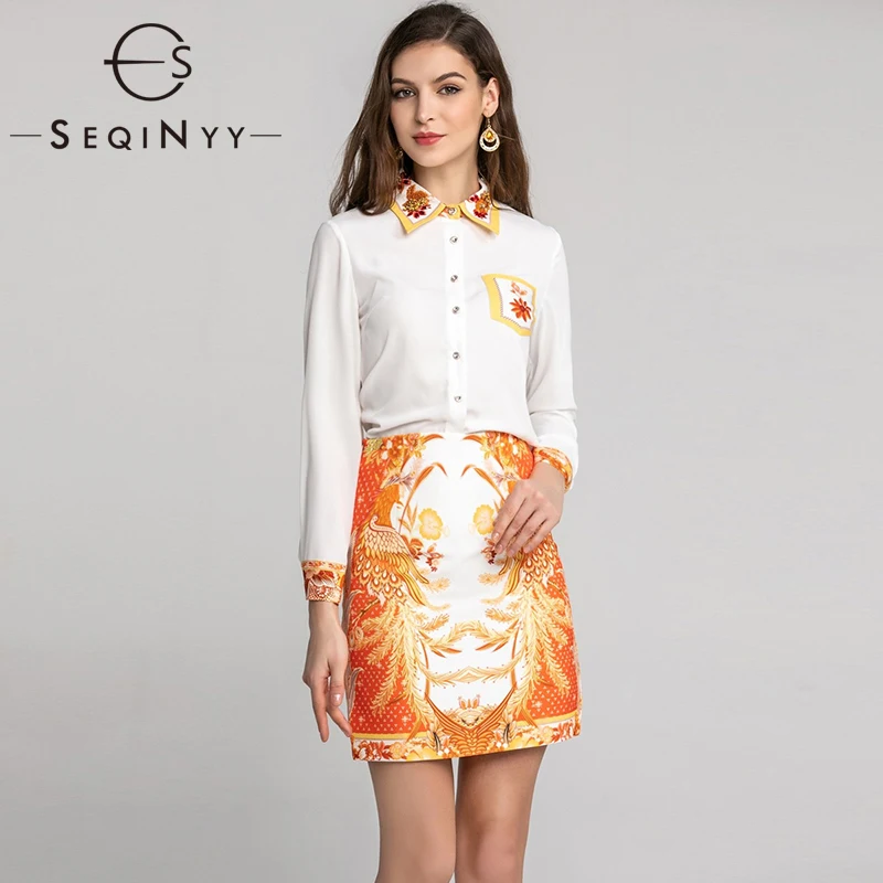 

SEQINYY Office Lady Set 2020 Summer Spring New Fashion Design Beading Crystal White Shirt + Orange Flower Printed Mini Skirt
