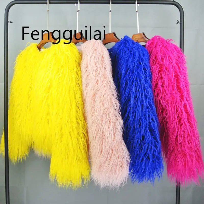 

Colorful Boho Furry Faux Fur Coat FENGGUILAI Plus Size Women Fur Coats Autumn Winter BLUE Faux Fur Shaggy Jacket fourrure bontja
