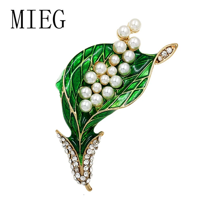 

MIEG Brand Green Enamel Leaf Brooches Pins with Imitation Pearl for Women Dress Clothing Accessories Jewelry