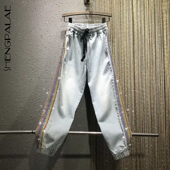 

SHENGPALAE 2020 New Summer Casual Jeans Woman Long Trousers Cowboy Female Loose Streetwear Color Rhinestones Pants ZA4292