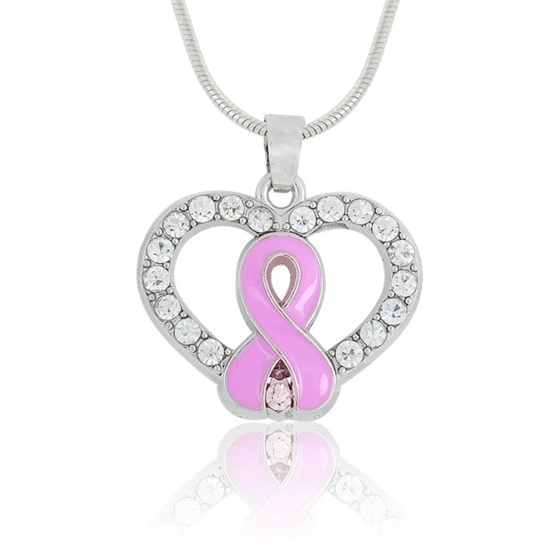 Trendy Breast Cancer Awareness Pendant Necklace Jewelry with Pink Enamel Ribbon Bow White Rhinestones Heart Charm