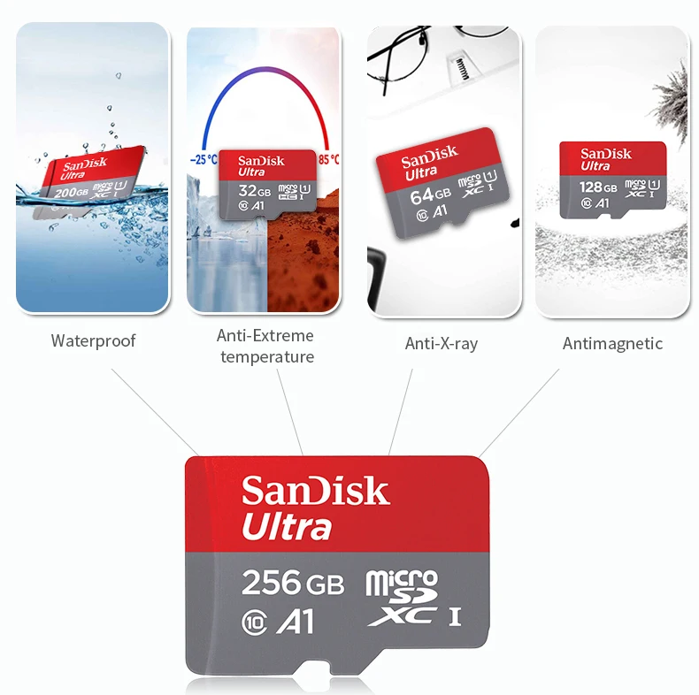 Карта памяти SanDisk 256 ГБ 200 ГБ 128 ГБ 64 ГБ Макс 98 МБ / с 32 ГБ 16 ГБ Карта памяти Micro SD Карта памяти Class10 UHS-1 Карта памяти Microsd TF / SD