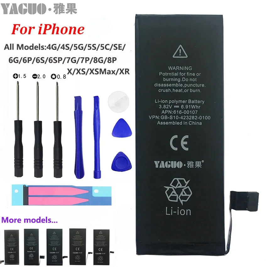 100% New Original Phone Battery For Apple iPhone 4 4S 5 5S 5C SE 6 6S 7 8 Plus X XS MAX XR Real Capacity 0 Cycle Free Tools Kit