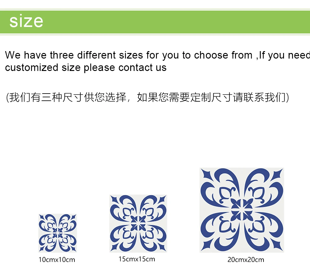 Description Picture 2 of item10/15/20cm Mediterranean Blue Tiles Wall Sticker Kitchen Backsplash Bathroom Wardrobe Peel & Stick Matte Surface Wallpaper