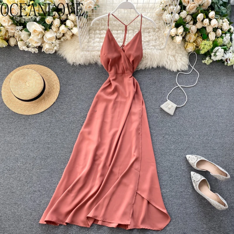 

OCEANLOVE Beach Style Solid Vestidos 2020 Sexy V Neck Backless Women Dress High Waist Spring Summer Chic Dresses Fashion 15790