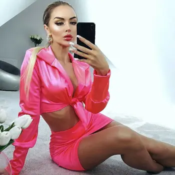 

Satin Silk Women Set Two Piece Set Long Sleeve Shirt Knot Crop Top Blouse + Sexy High Waist Mini Skirt Female Summer Suit