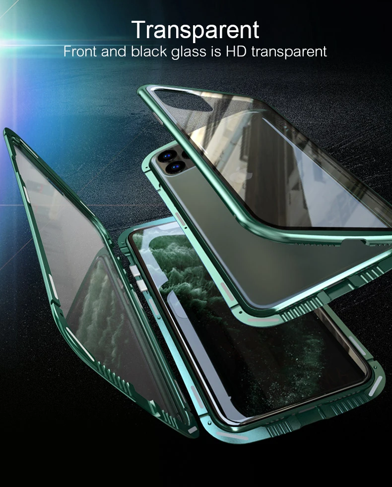 Роскошный двухсторонний Передний+ задний стеклянный Магнитный чехол для Apple iPhone 11 Pro Max Магнитный чехол Алюминиевый металлический бампер 360 чехол Coque