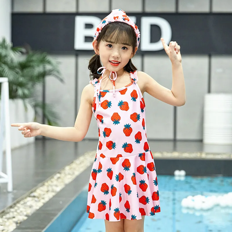 

Children Dress-Swimsuit GIRL'S Cute Princess Baby Strawberry Printed Conservative Small Children Hooded Swimwear