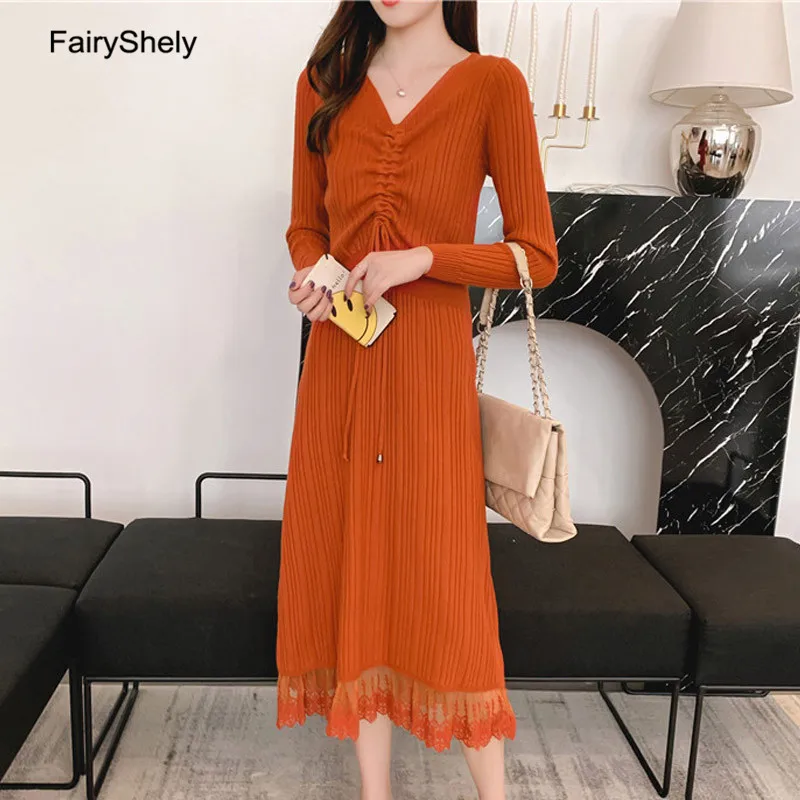 Сказочное Кружевное платье-свитер для женщин осень зима теплое длинное платье с v-образным вырезом элегантное ТРАПЕЦИЕВИДНОЕ трикотажное платье пуловер платья для женщин