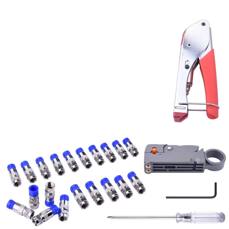 Набор компрессионных инструментов Rg59 Rg6 коаксиальный обжимной инструмент двойные лезвия инструмент для зачистки коаксиального кабеля с 20 шт. синими F разъемами