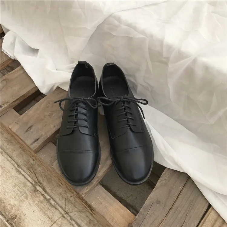 

2019 New Style Flat Lace Black INS Small Leather Shoes Korean-style Retro College Style CHIC Students Casual Shoes
