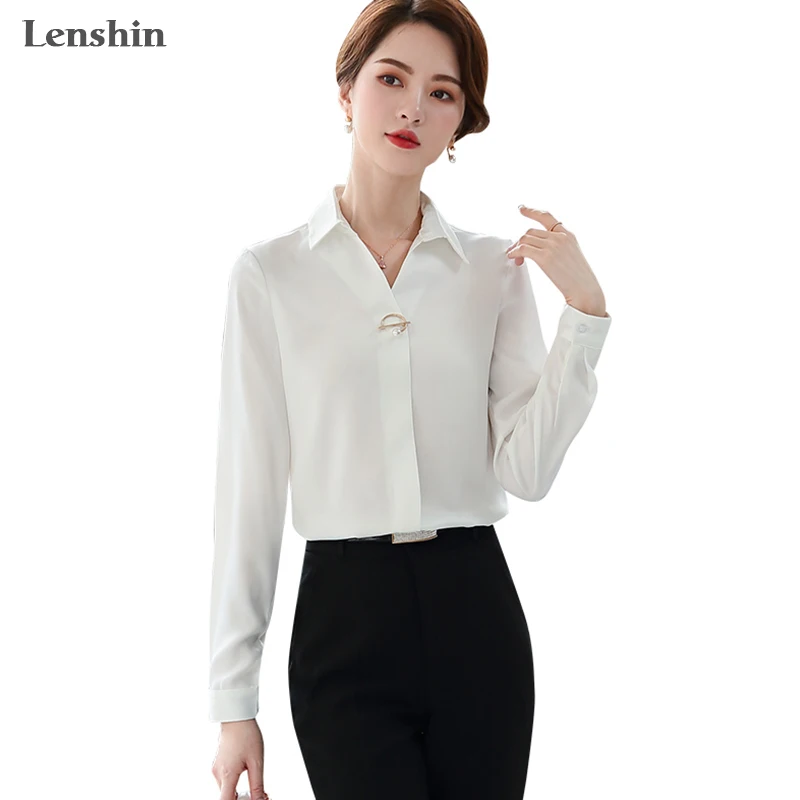 

Женская атласная блузка Lenshin, элегантная офисная рубашка с отложным воротником, свободного покроя, тканевые рубашки