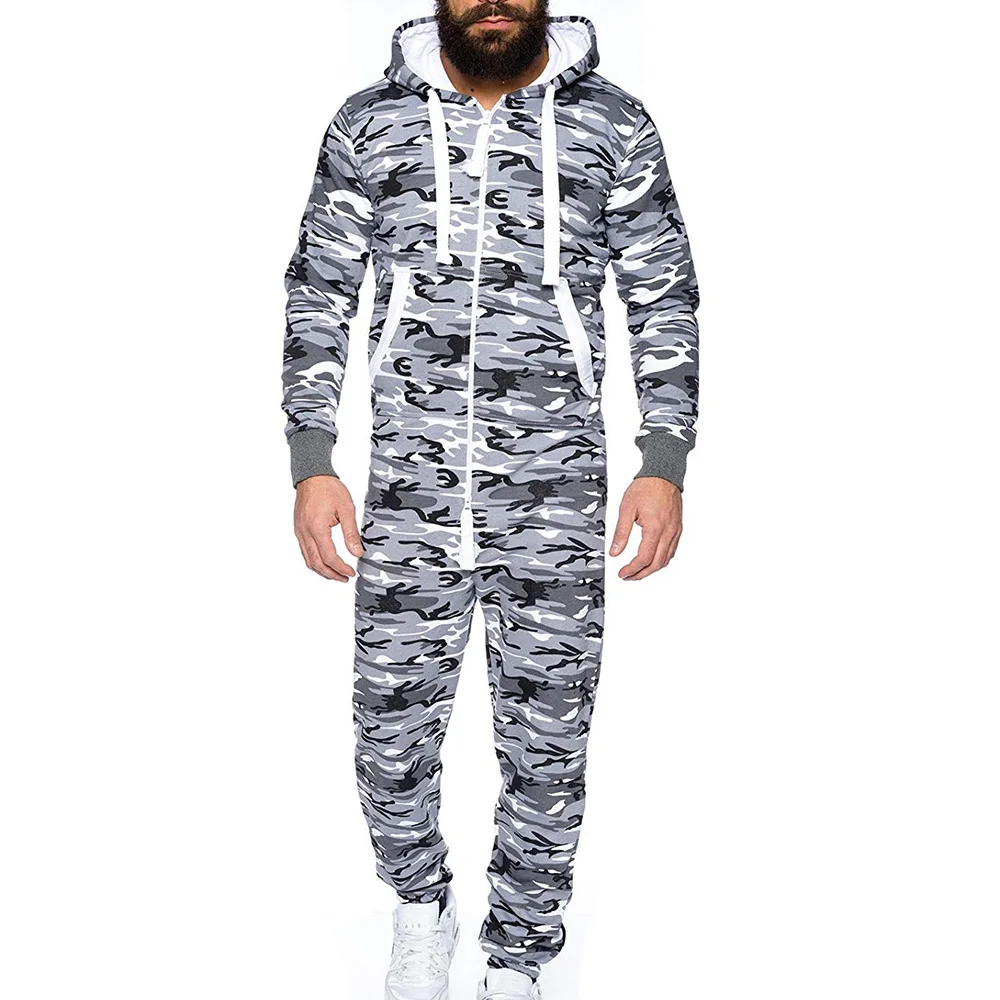 A Camouflage 1 Осенне-зимний мужской комбинезон на молнии, Лоскутная спортивная одежда, повседневная спортивная одежда с капюшоном и карманом, Толстый модный цельный комбинезон - Цвет: A Camouflage 1
