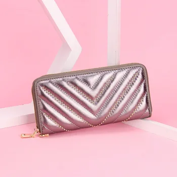 

Fashionable Women's Zipper Wallet 2020 New V-pattern Head Layer Leather Handbag Long Round Bead Decorative Leather Wallet YBL01