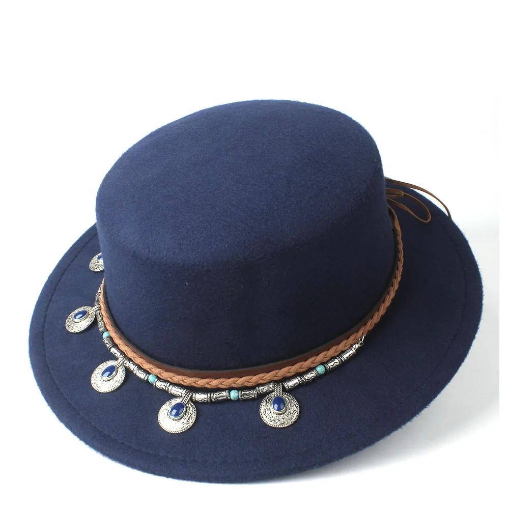 Dark Blue Women Fashion Flat Top Hat Wide Brim Hat Dance Party Boaters Hat Wool Homburg Trilby Hat Size 56-58CM - Цвет: Dark Blue