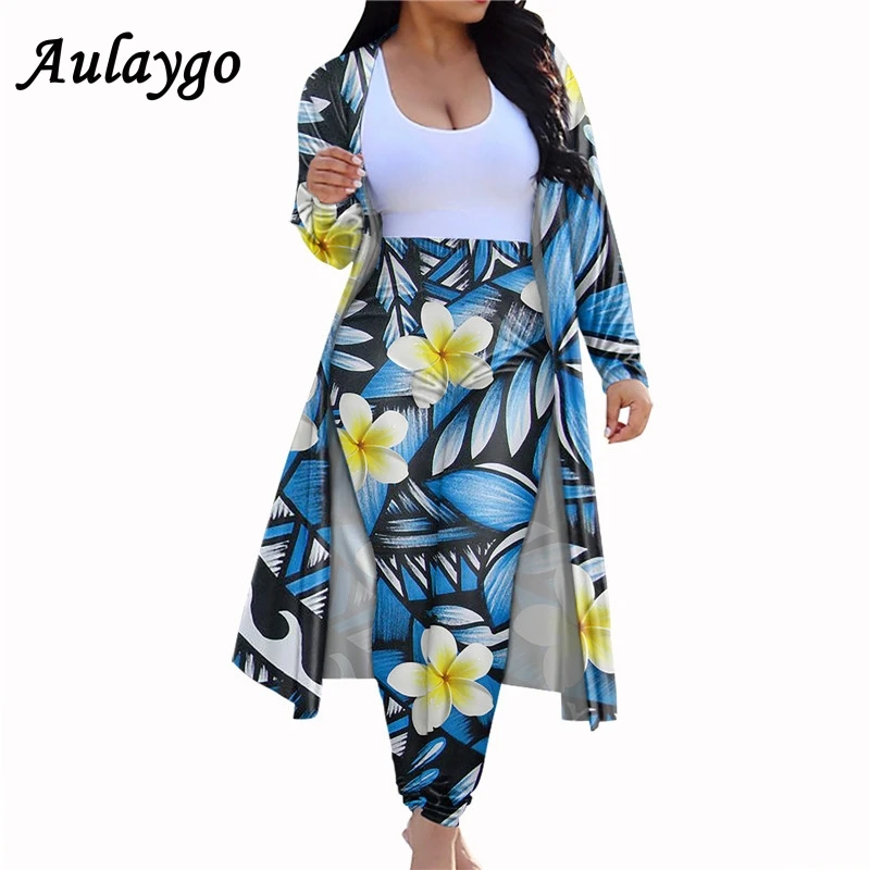

Aulaygo 2 Piece Sets For Women Polynesian Plumeria Nation Style Fashion New Long Sleeve Cardigan Female Blue Tops Bodycon Pants